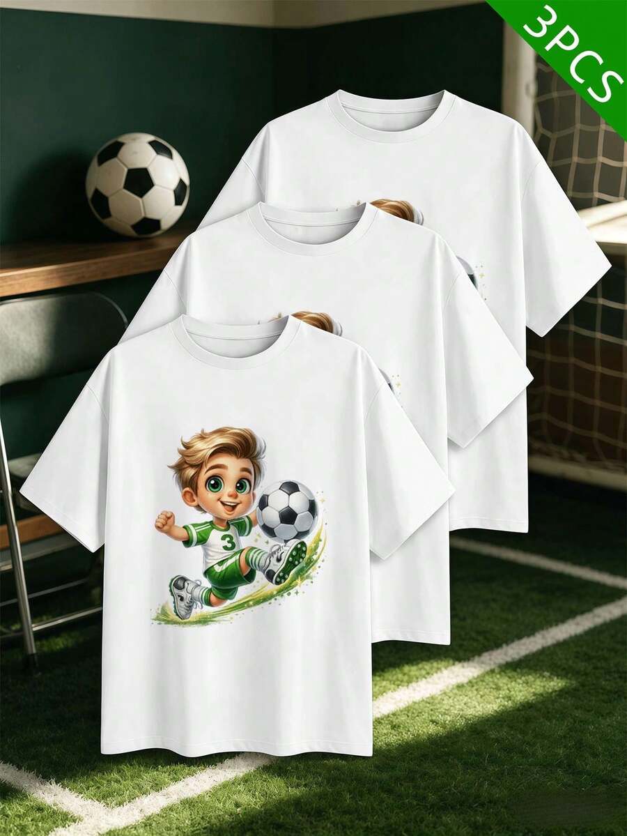 Fu?Ball-T-Shirts Für Herren Mit Grafikprint, 100 % Baumwolle, Bequeme Passform, Atmungsaktiv, L?Ssig, Kunstdruck - 白色 - 查看 1