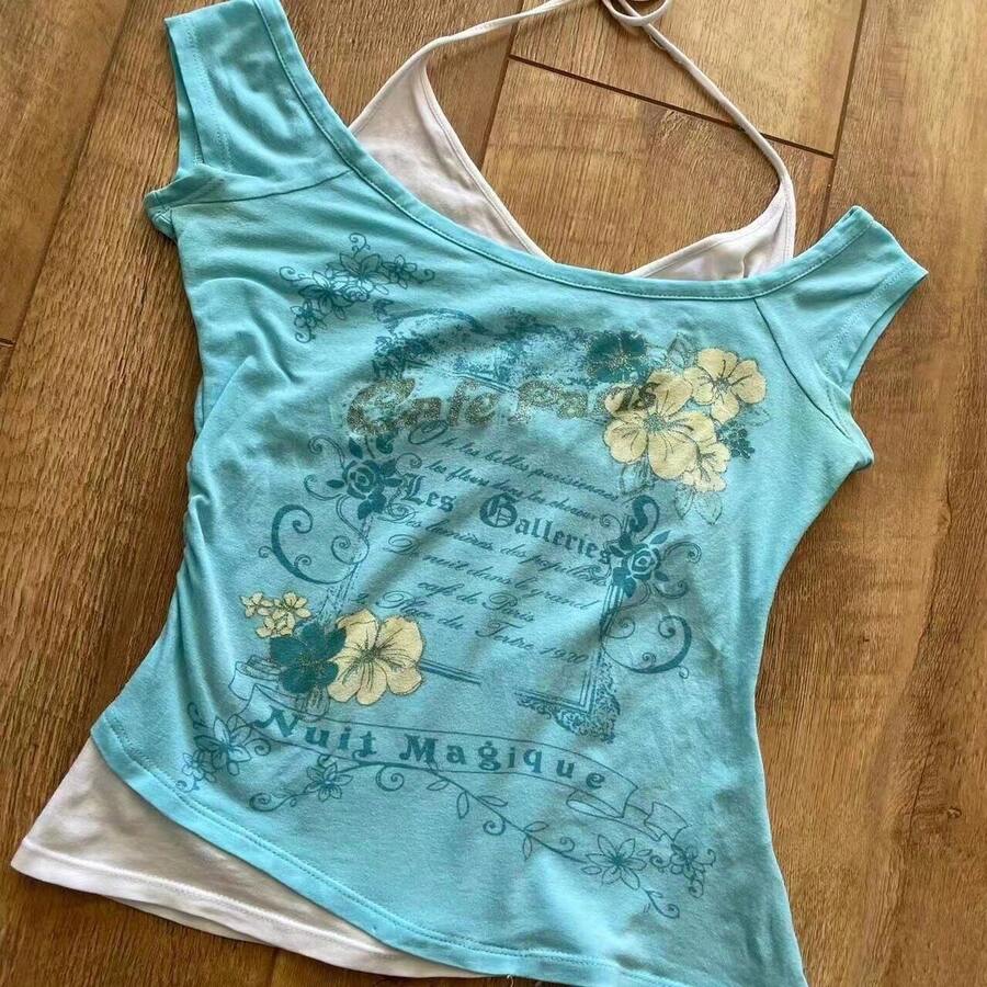 Camiseta de manga corta estilo punk subcultura vintage retro, de dos piezas simuladas, estilo americano dulce y picante, para mujer, corte ajustado. - c9042: Camiseta de dos piezas azul claro falsa - Ver 1