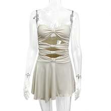 Nueva llegada de verano, vestido sexy sin tirantes para mujer de estilo europeo y americano, vestido corto de color sólido y a la moda. - blanco lechoso - Ver 4