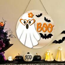 Cross-Border New Halloween Cute Cartoon Ghost Wooden Hanging Sign, Holiday Party Wall Decor, Wooden Craft Wall Hanging Decoration - A - View 2