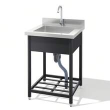 Freestanding Stainless Steel Sink For Outdoor Use, 60x60cm, With Tap And Drain, Including Shelf, Spacious Single-Basin Design, Suitable For Kitchen, Garden, Workshop And Commercial Use - 黑色 - 查看 3