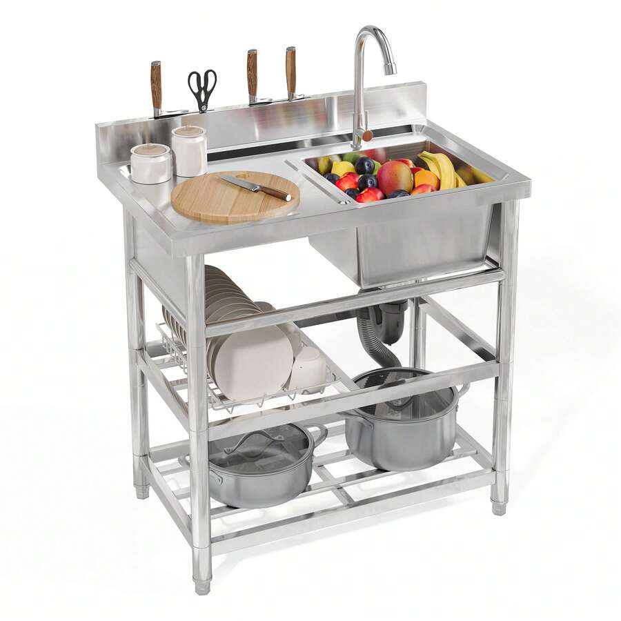 Freestanding Stainless Steel Sink For Outdoor Use, 60x60cm, With Tap And Drain, Including Shelf, Spacious Single-Basin Design, Suitable For Kitchen, Garden, Workshop And Commercial Use - 銀色 - 查看 1