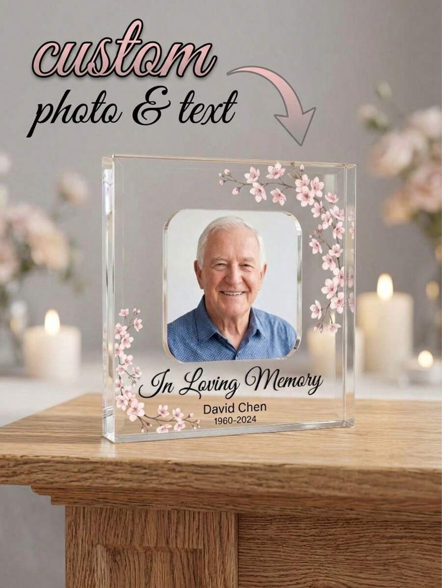1pc Personalized Acrylic Photo Plaque, Customized Photo & Text Sakura Asymmetrical Floral Memorial Keepsake, Acrylic Photo Frame, Heartfelt Condolence Bereavement Gift, Funeral Memorial Table Decor, Funeral, Memorial Ceremony - Multicolor - View 1