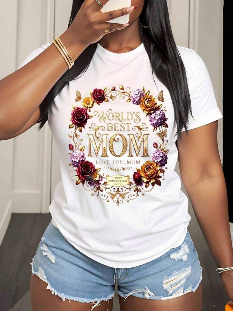 Worlds Best Mom T-Shirt Love You Mom Happy Mothers Day Floral Design Gift For Mother Women Casual Shirt Motherhood Celebration Apparel,220g - White - View 1