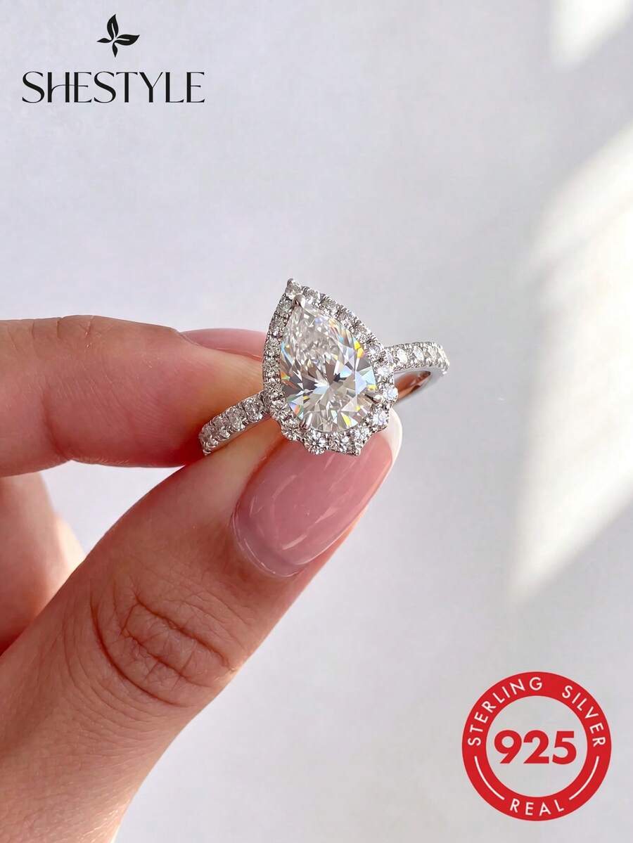 1枚经典优雅水滴形钻石戒指，订婚/节日礼物，S925纯银精美珠宝礼品