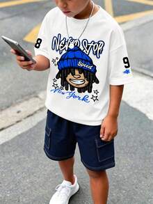 青少年休闲印花圆领短袖套头卫衣短裤套装（2件套），卡通图案，夏季服装 - 白色 - 查看 1