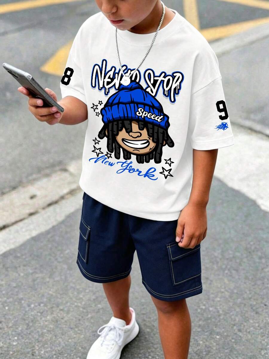 青少年休闲印花圆领短袖套头卫衣短裤套装(2件套),卡通图案,夏季服装 - 白色 - 查看 1