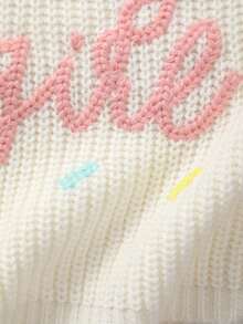 Girls Casual Minimalist "BDAY GIFT" Letter Embroidered Knit Crew Neck Pullover - White - View 4