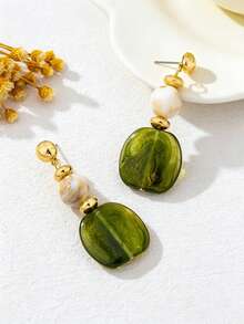 1 Pair Vintage Unique Exaggerated Asymmetric Resin Drop Earrings, Women's Jewelry Accessories For Daily Commute, Vacations, Dates, Banquets And Parties - Gold + Green - View 4