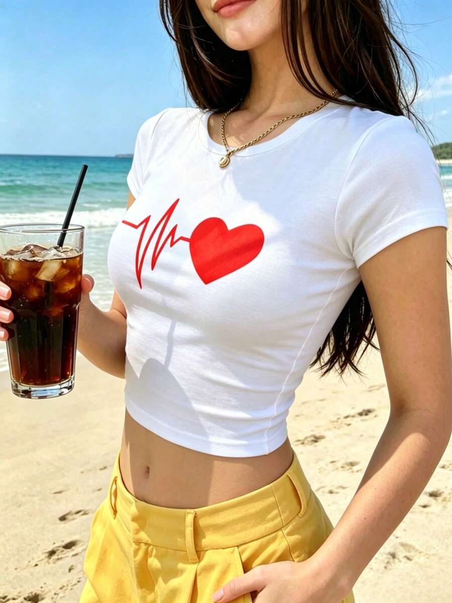 2026新款甜美时尚心电图印花短袖T恤,修身露脐款,简约时尚ins风休闲白色夏季款 - 白色 - 查看 1