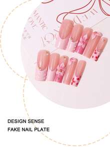 24pcs Soft Pink Hand-Painted Floral Square Press-On Nails Set, Atmospheric Fake Nails, Spring/Summer Gentle Style Long Square Nail Tips, Reusable Removable Realistic Wearable Nails - Pink - View 4