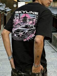 大尺碼 YUNTUO 男士夏季休閒街頭風日系賽博風櫻花汽車字母漸層圓領短袖T恤，寬鬆版型，街頭休閒青年極簡校園復古自然百搭紋理優雅個性運動 - 黑色 - 查看 2