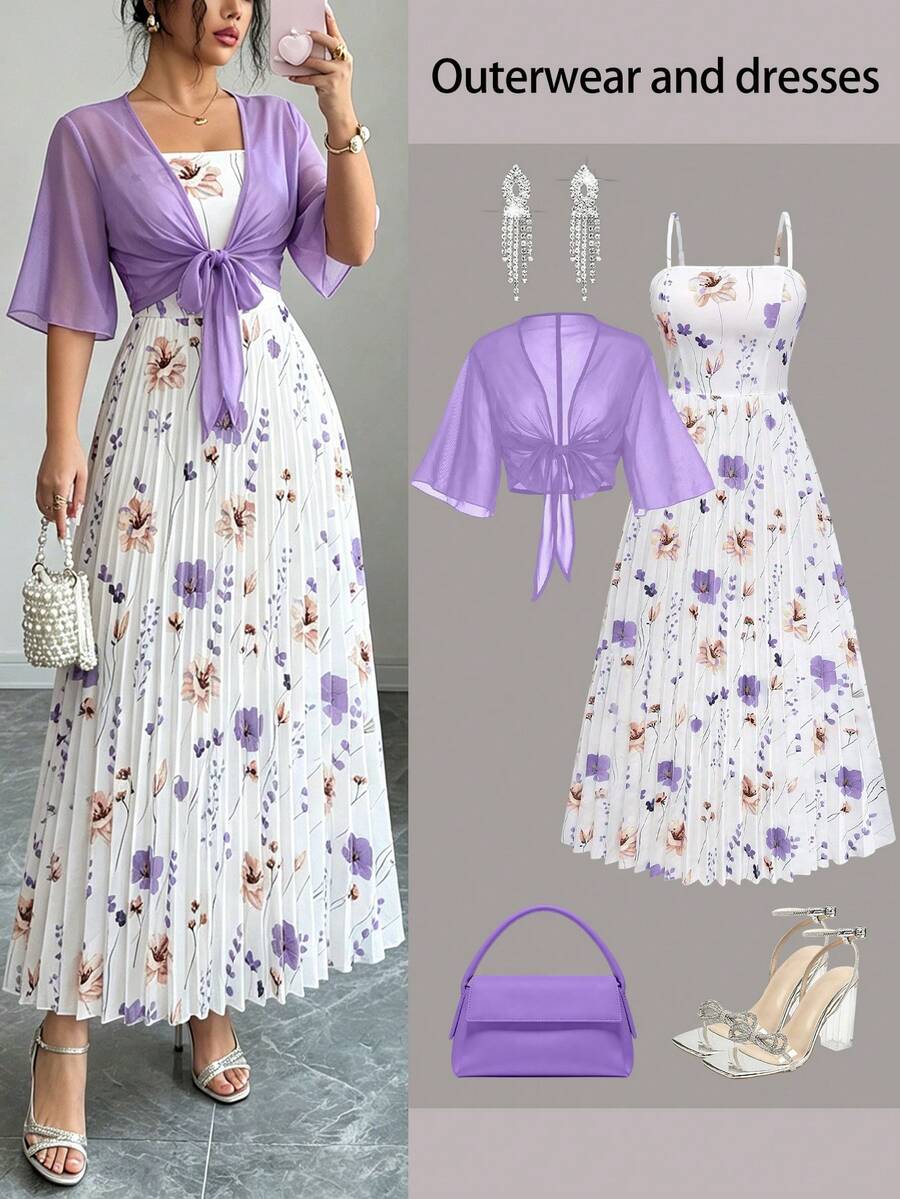Ensemble deux pièces robe et veste en mousseline de soie avec imprimé tournesol élégant pour femme, tenue de plage gracieuse pour vacances - Prune - Voir 1