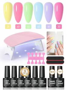 Macaron Color Gel Nail Set With UV LED Light - 6 Colors (Yellow/Pink/Green/Blue), Includes Base Coat And Top Coat, Suitable For Beginners And DIY Home Manicure - 彩色 - 查看 8
