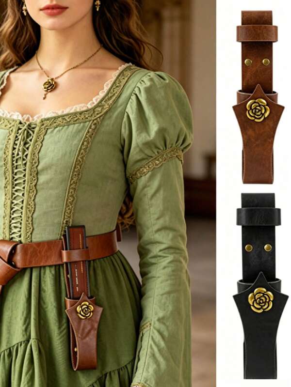 1 pieza Cinturón de cuero tallado con rosa vintage, accesorio de cinturón de cintura para vestido medieval, soporte para abanico de decoración de vestido de cosplay renacentista