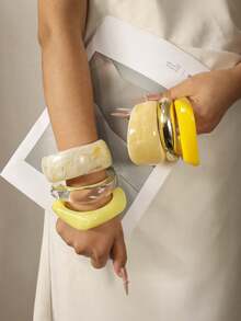 Set Of 3 Unique Bracelets For Women, Elegant, Luxurious, Modern, Wide, Gradient Resin, Color May Vary, Lot - Yellow - View 1