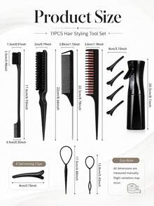 Hair Styling Tool Set (Includes Spray Bottle, Rat Tail Comb, Hairline Comb And Sectioning Clips) Lightweight Accessory Set, Suitable For Daily Updo, Bun, Sectioning And Smoothing Hairstyles - Black - View 6