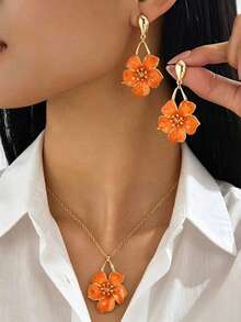 Set Kalung dan Anting Liontin Bunga Oranye 3pcs/Set, Hadiah Liburan untuk Teman dan Sahabat Terbaik - Gaya 16 - View 2