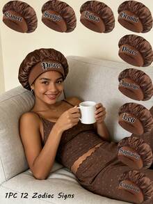 1 pièce Bonnet de nuit en satin avec imprimé des 12 signes du zodiaque, double couche avec bande élastique ample, convient aux cheveux bouclés et lisses, peut préserver les boucles pendant la nuit, convient pour les vacances à la plage et les voyages - brun - Voir 2