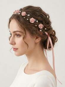 Diadema elegante de mujer con enredadera floral de rosas, perlas y cristales, lazo de cinta, accesorios para el cabello de novia y boda para fiesta, accesorios de dama de honor con cinta - Multicolor - Ver 13