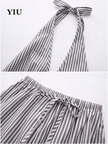 YIU 2pcs/Set Women's Sexy Halter Neck Backless Grey Striped Top + Elastic Waist Shorts Bohemian Style Outfit, Fashionable Summer Wear - Grey - View 6