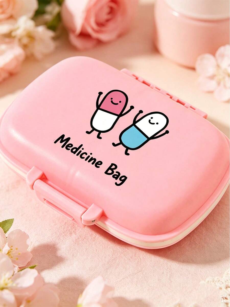 可攜式藥盒,印有「Medicane Bag」文字與可愛藥丸圖案,防潮收納盒,分格旅行藥丸儲存盒,適合口袋或手提包的日常小藥盒,可重複使用中性儲存盒,藥丸計畫盒,用於存放維生素、藥物和營養補充劑的日常攜帶小藥盒,旅行必備配件 - 彩色 - 查看 1