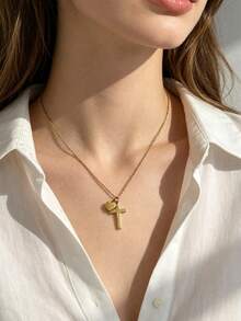 1pc Exquisite Minimalist Cross Heart Pendant Stainless Steel Necklace With Rhinestone Pendant Choker Necklace For Women, Daily Commute, Dating, Gift Accessory - Cross Heart Pendant Necklace - View 2