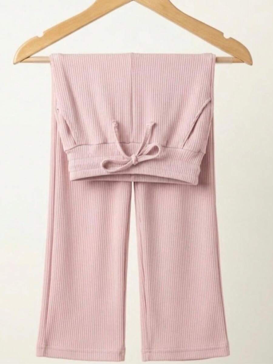 Blogueirinha Children's Wide Leg Pants In Ribbed Cotton Fabric With Pocket, Comfortable And Soft - Baby Pink - View 1