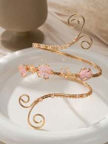 1pc Adjustable Open Gold Upper Arm Cuff With Pink Flower And Crystal Inlaid Floral Spiral Arm Ring, Suitable For Women's Wedding Beach Party Wear - Multicolor - View 3
