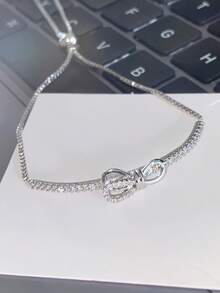 1pc Luxury Copper Silver Bowknot CZ Inlaid Chain Pull Bracelet For Women Daily Wear - Silver - View 17