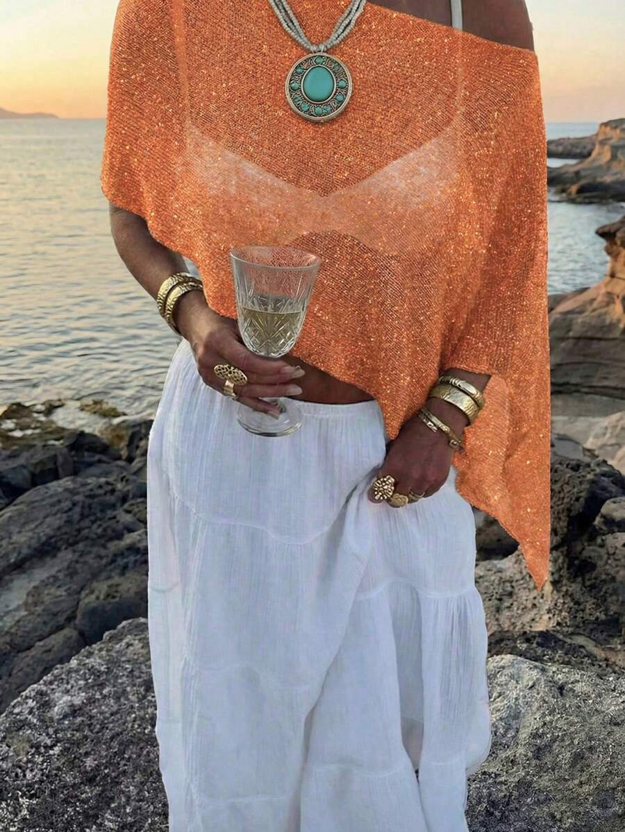 Women's Summer Side Top With Asymmetrical Hem, Lightweight And Breathable Shiny Fabric, Loose Fit Suitable For Various Figures, Casual Beach Top, Bohemian Style Summer Outfit CJ77 - 橘色 - 查看 1