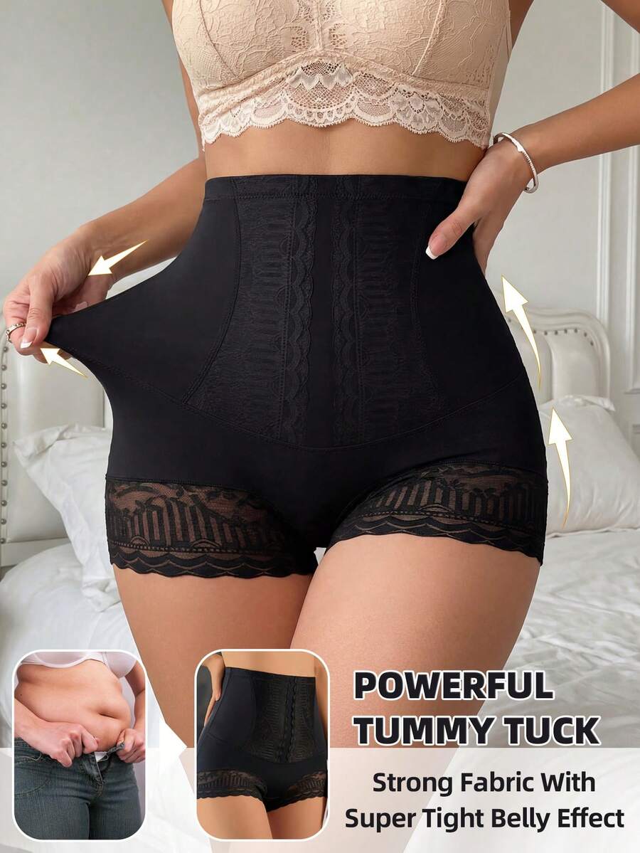 High-Waisted Beige Lace Panties. Butt-Lifting Compression, Seamless, Lightweight. - Black - View 1