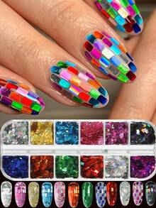 12-Raster holografischer Nagelglitzer Laser farbige quadratische Nagelglitzer Dekoration, DIY 3D holografisches Material Laser Silber Rosa Grün Blau Schwarz Rot glänzendes Acryl - Verschiedenfarbig - Übersicht 1