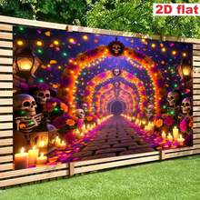 1pc Mexican Day Of The Dead Marigold Background Fabric, Made Of Polyester. It Features A Marigold Archway, Skulls. Suitable For Day Of The Dead Memorial Parties, Mexican Style Events, Halloween Party Decorations, And Party Decorations, Etc. - A - View 8