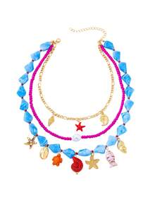 1 pieza Collar con colgante de estrella de mar, perla y concha de estilo vacacional oceánico con cadena de cuentas acrílicas y metal, adecuado para el uso diario de verano en la playa para mujeres - Multicolor - Ver 6