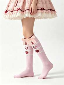 1 Pair Cute Sweet Lolita Style Pink BOW & Strawberry Socks For Girls - Multicolor - View 6