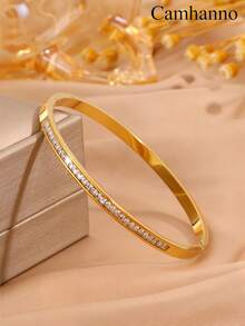 1/5Pcs Gold Plated Stainless Steel Cuff Bangles For Women, Classic Rhinestone Inlaid Stackable Bracelets, Non Tarnish Waterproof Jewelry - Gold 2 - View 2