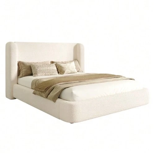 Upholstered Bed, Double Bed, Hydraulically Adjustable Bed, Slatted Bed, Headboard And Large Storage Space, Upholstered Headboard, Beige Looped Fabric, 160 X 200 - 米色 - 查看 1
