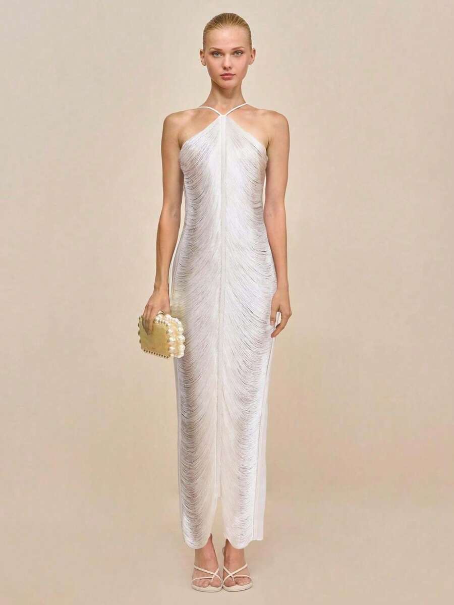 Long Party Dress With Fringe, Halter Neckline And Back Slit - White - View 1