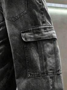 Young Boy Casual Versatile Daily Travel Denim Cargo Pants With Pockets - Black - View 6