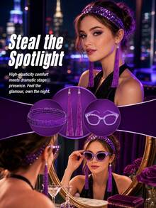 3pcs Disco 70s/80s Shiny Party Costume Accessories Set, Sequin Headband + Decorative Rhinestone Glasses (No Lenses) + Tassel Pendant Ear Clips, Suitable For Cosplay, Halloween Party Accessories, Daily Gathering Supplies, 70s/80s Disco Party - Multicolor - View 8