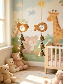 1pc Wooden Animal Wind Chime With 3 Bells, Ceiling Decoration For Children's Room, Room Decor, Bedroom Decor, Girls' Room Decor, Nursery Decor - Multicolor - View 6