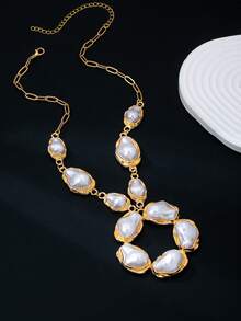 1 Pc Gold Chain Baroque Irregular Pearl Statement Necklace For Women, Large Hollow Wreath Pearl Pendant Layered Link Chain Bold Fashion Jewelry - Pearl Pendant Necklace - View 4
