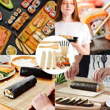 Set di 10 utensili da sushi riutilizzabili, adatto sia ai principianti che ai professionisti, composto da 3 stuoie di bambù, 5 paia di bacchette, un coltello da sushi in legno e un cucchiaio da riso. - Visualizzare 7