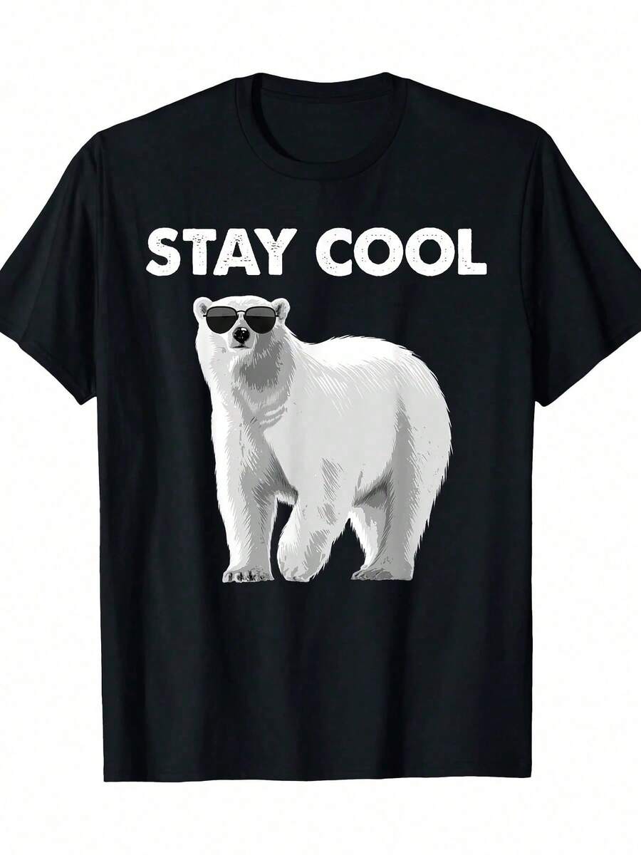 Camiseta divertida de oso polar con gafas, camiseta informal de manga corta con cuello redondo para hombre, para todas las estaciones. - Negro - Ver 1