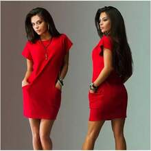 Vestido Casual Corto con Manga Corta y Cuello Redondo Modelo Fresco, Cómodo, Perfecto para Verano, Paseos y Looks Diarios. - ROJO - Ver 3