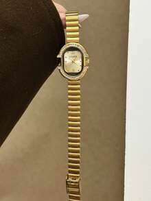 1pc Gold/Silver Square Bamboo Pattern Quartz Watch, Suitable For Daily Wear, Birthday Gift, Christmas - Gold - View 6