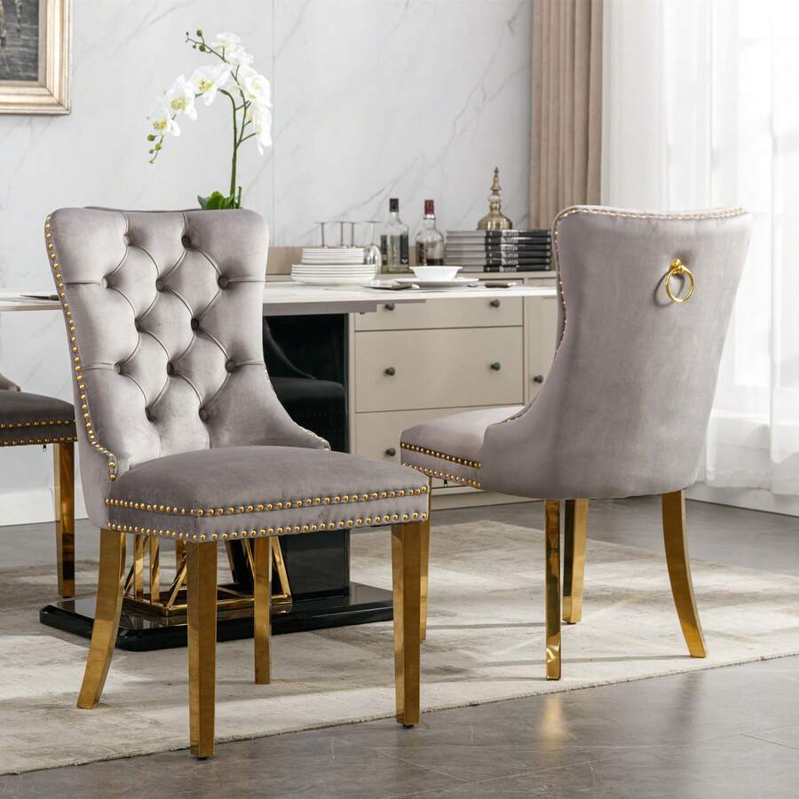 Set Of 2 65 Cm Dining Chairs In Velvet For Kitchen And Dining Room - Grey - View 1