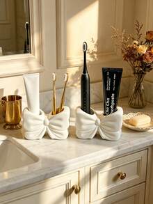 1pc Cute Bow-Shaped Toothbrush Holder, White & Pink Toothpaste Storage Rack, Bathroom Storage Shelf, Vanity Countertop Organizer, Home Bathroom Decor Accessory - Multicolor - View 6