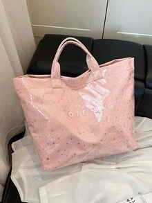 夏季粉色星形图案女士手提包/托特包，时尚简约防水PVC材质手提度假包 - 粉色 - 查看 6